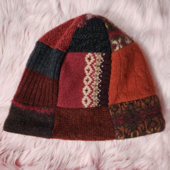 Wool Red Orange Autumn Themed Winter Beanie Hat OS Womens Patchwork Knit Cable - Picture 1 of 3